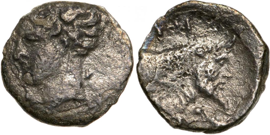 Panormos, AR Litra (10 mm, 0.49 g), 409-380 BC: Head of river god left / foreoart of a manheaded bull right. SNG ANS 549-550. VF-