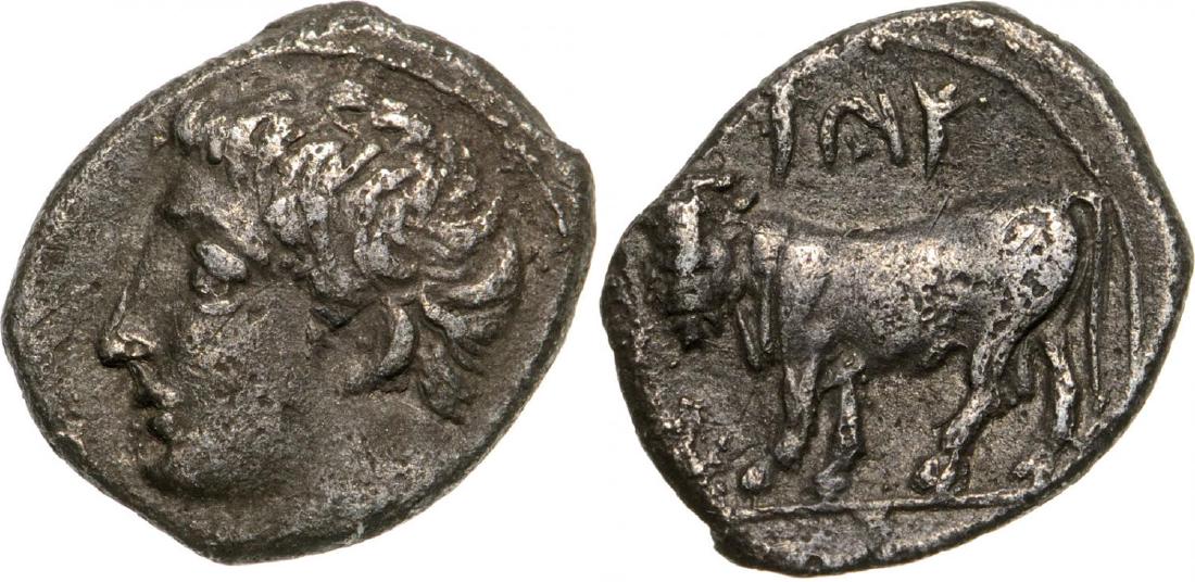 Panormos, AR Litra (11 mm, 0.7 g), 405-380 BC: Male head left / Bull standing left. Jenkins, Punic pl. 24, 14. VF+