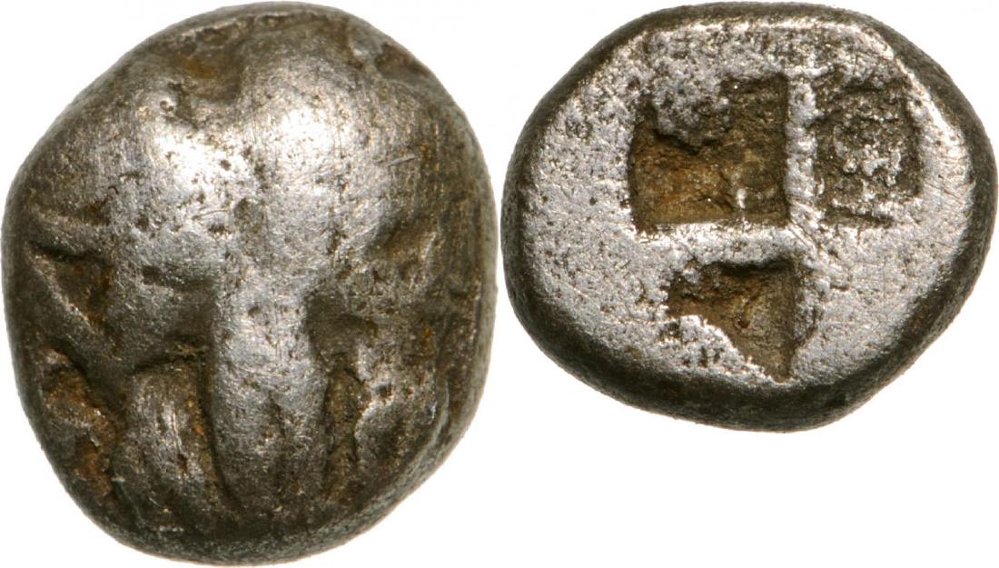 Mytilene, AR 1/12 Stater (5 mm, 0.20 g), 550-500 BC: Confronted heads of boars / Quadratum incusum. SNG Cop. 287. VF