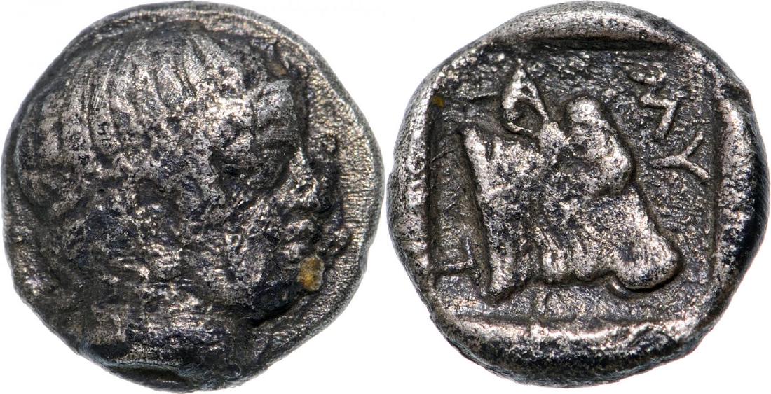 Mytilene, AR Obol (8 mm, 0.64 g), 400-350 BC: Head of Apollo right / Head of calf right. BMC 5. VF