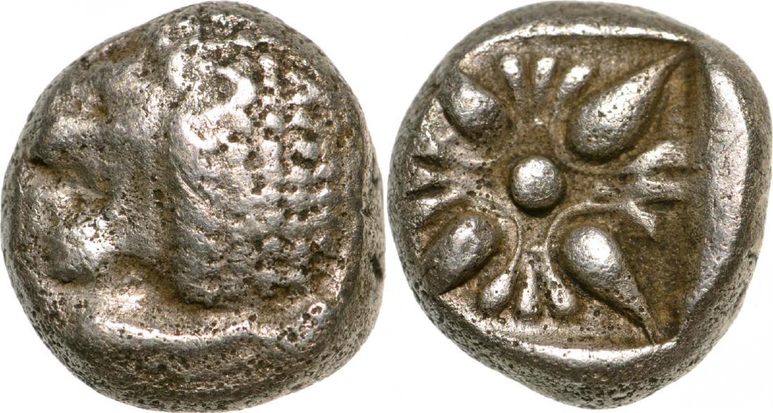 Milet, AR 1/12 Stater (8mm, 1.04 g), 525-500 BC: LionÂ´s head left / Quadratum incusum. Klein 4267. VF