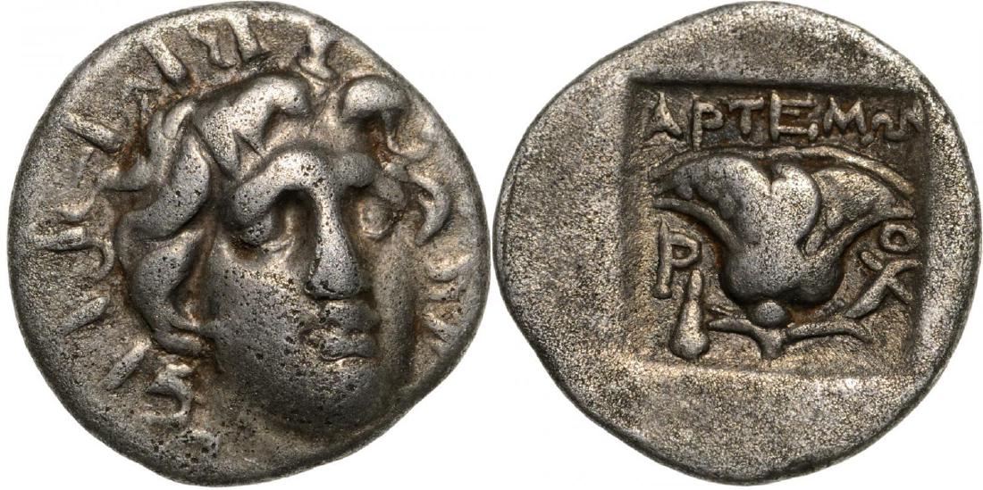 Rhodes, AR Hemidrachm (13 mm, 1.27 g), 170-150 BC: Head of Helios facing / Rose, magistrate name APTEM?N. Jenkins, Rhodian, Group B, 44. VF