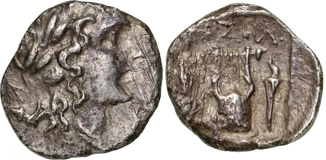 Phaselis, AR Drachm (14 mm, 1.96 g), ca. 167-100 BC: Head of Apollo right / Lyre, F?S???S, Isis crown in left field, torch in right field. Troxell, Lycian Period II, Series 1, 47; VF