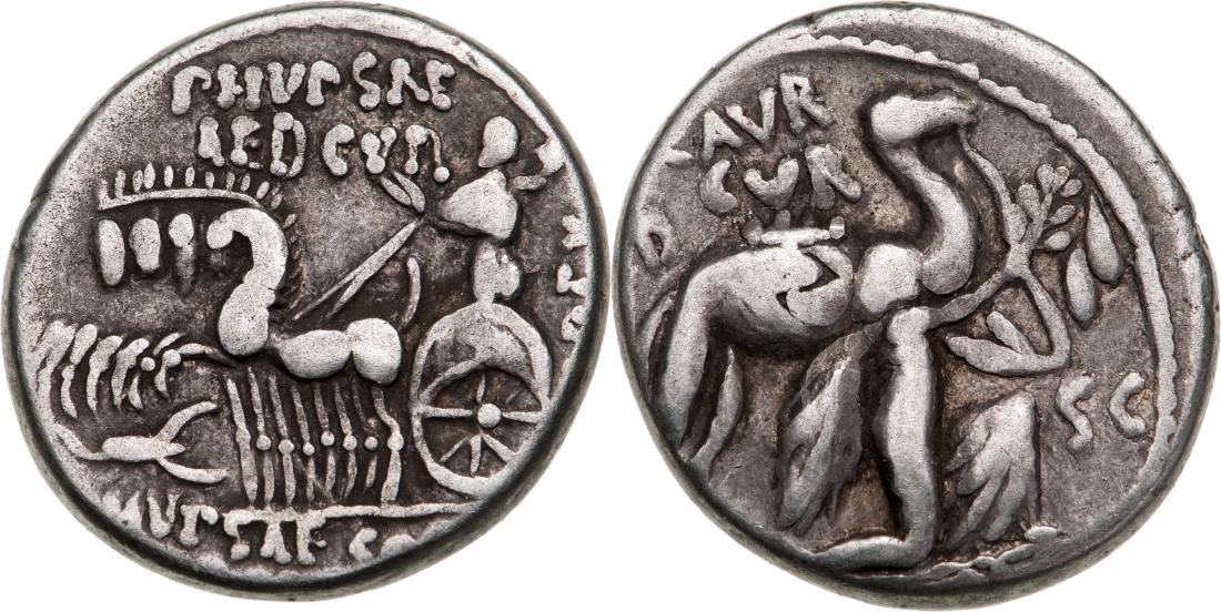 M. Aemilius Scaurus and P. Plautius Hypsaeus (58 B.C.),: M SCAVR AED CVR kneeling figure right (King Aretas of Nabataea), holding olive branch and reins of camel beside him, EX on left, S C on right, REX ARETAS in exergue / P HVPSAE AED CVR, Jupiter in quad