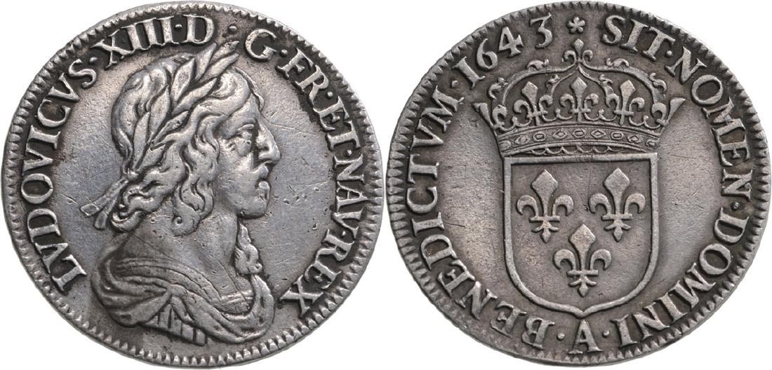 Louis XIII (1610-1643) AR Quart d'Ã‰cu, Paris, 1st: Silver, 7.7 g, Duplessy 1347; Ciani 1661. XF-