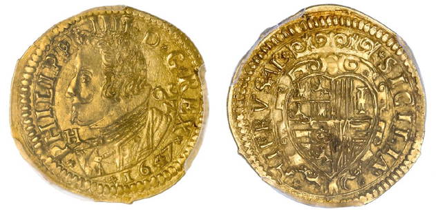 Naples, Filippo di SpagnaÂ (1621-1665). Scudo d'Oro: Armored bust left, date below / Crowned and garnished heart-shaped Arms. Fr.841, KM 80.Â PCGS MS 64. A superb example! RR!