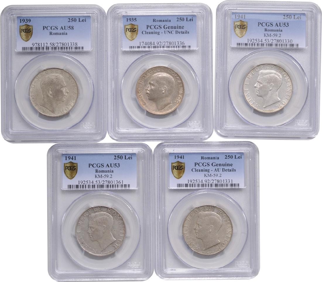 250 Lei 1935 (1), 1939 (1), 1941 (3), Lot of 5, (1 of 2)