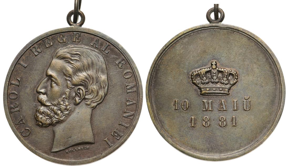 Carol I-Coronation of King Carol I, 10 Maiu 1881: Medal 1881, signed by Kullrich, original suspension ring , Bronze (37 mm, 24.59 g).Xf