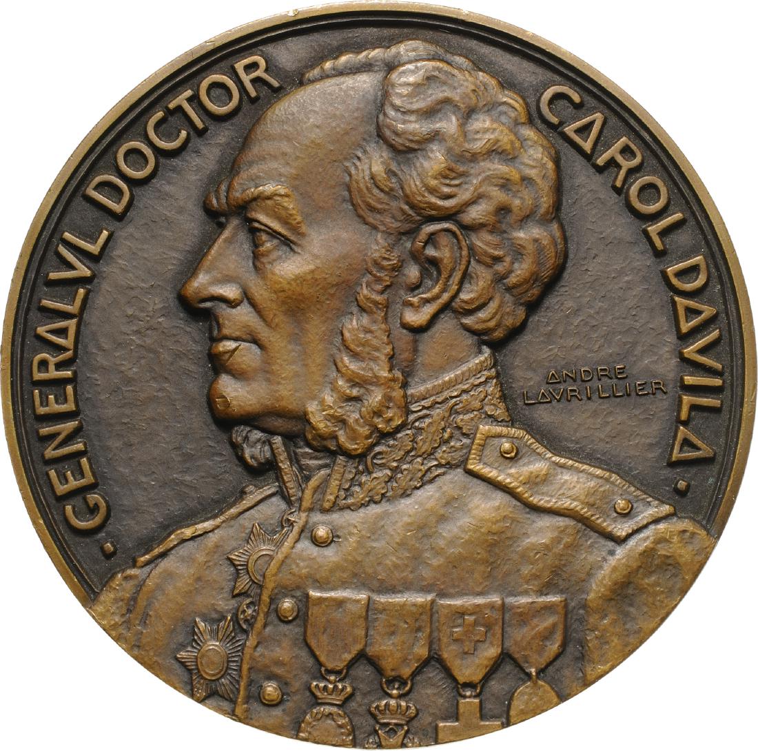 Mihai I - Centenary General Doctor Carol Davila,: Medal 1928, signed Andre Lavrillier, gilt Bronze (80 mm, 235.08 g). R! XF+