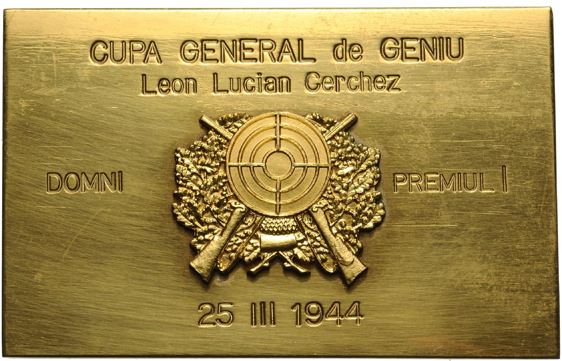 Mihai I - The Leon Lucian Cerchez Shooting Cup / First: Uniface plaquette 1944, gilt Bronze (80x50 mm, 85.00 g). Very elegant! UNC-