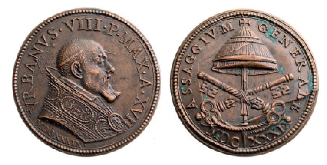 Pope Urbanus VIII (1623-1644), Commemorative Medal: Bronze (33 mm), obverse with portrait of Urbanus VIII, reverse with papal emblems. Possible later strike. R! I/II