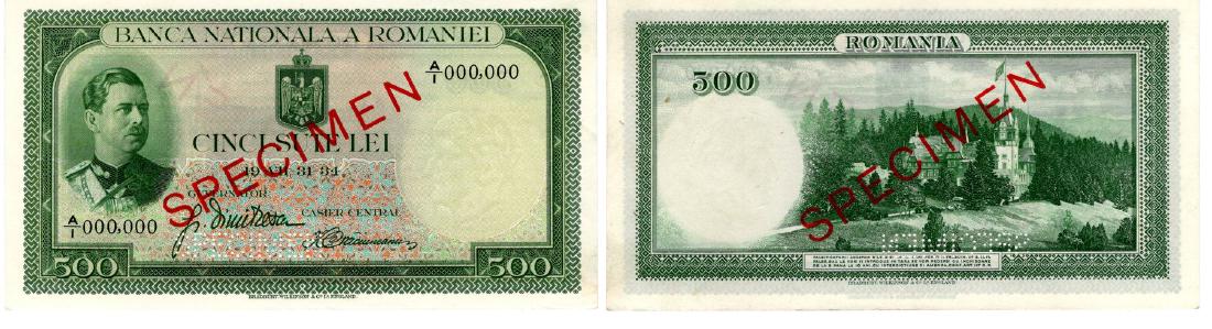 500 Lei (31.7.1934) dated 31 st of July 1934, SPECIMEN (1 of 1)