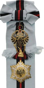 ORDER OF FIDELITY (Urdhëri Besa): Grand Cross Set, 1st Class, 3rd Type, instituted on the 22nd of December 1926. Sash Badge, gilt Silver, 112x60 mm, enameled, original suspension ring and sash. Breast Star, gilt Silver, 85 mm, central