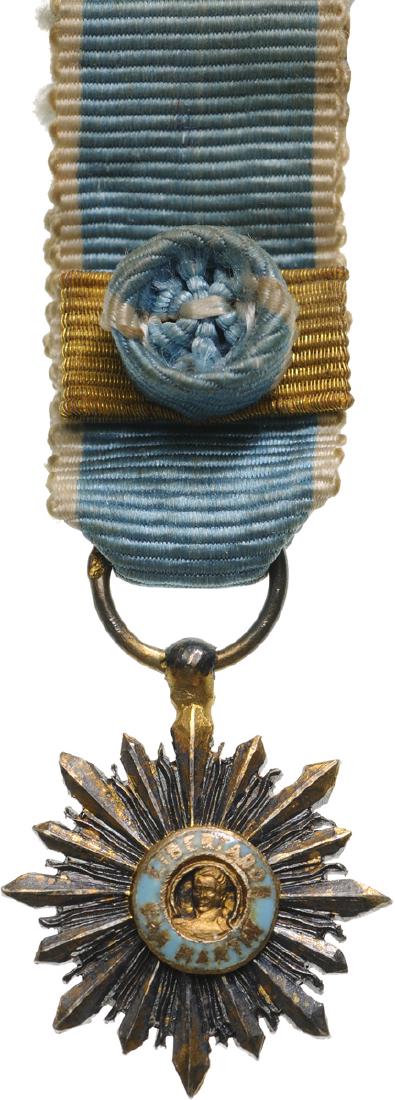 The Order of the Liberator General San Martin: The Order of the Liberator General San Martin Grand Cross Miniature, 1st Class, instituted in 1943. Breast Badge, 24x21 mm, Silver gilt, hallmarked, center enameled, original suspension ring and ribbo