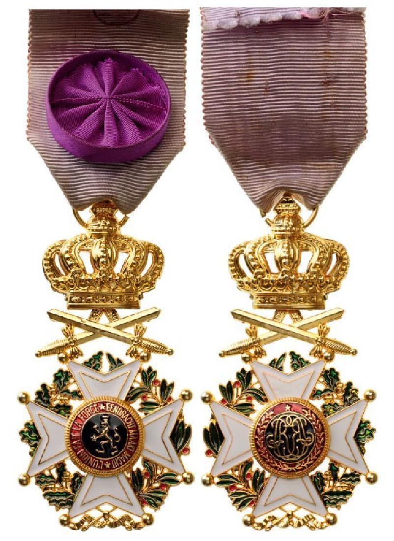 ORDER OF LEOPOLD: Officer's Cross, 4th Class, 2nd Type Military, instituted in 1832. Breast Badge, 78x40 mm, gilt Bronze, both central medallions gilt, both sides enameled, original suspension ring and ribbon with rose