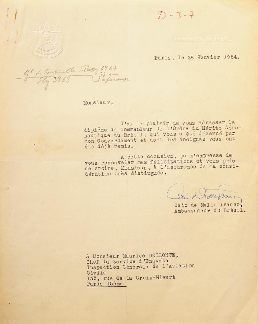 ORDER OF AERONAUTICAL MERIT: Commander Awarding document 253x220 mm, dated 28th of January 1954 in Paris, for the famous pilot Maurice Belonte, signed by the Ambassador of Brazil. I