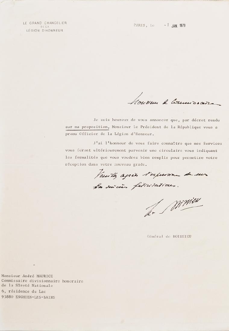 ORDER OF THE LEGION OF HONOR: A Curriculum Vitae of the famous pilot Maurice Belonte with all his awards up to Grand Cross in 1980. Letters (copies) and an invitation for his promotion as officer. (6) Very interesting group! I