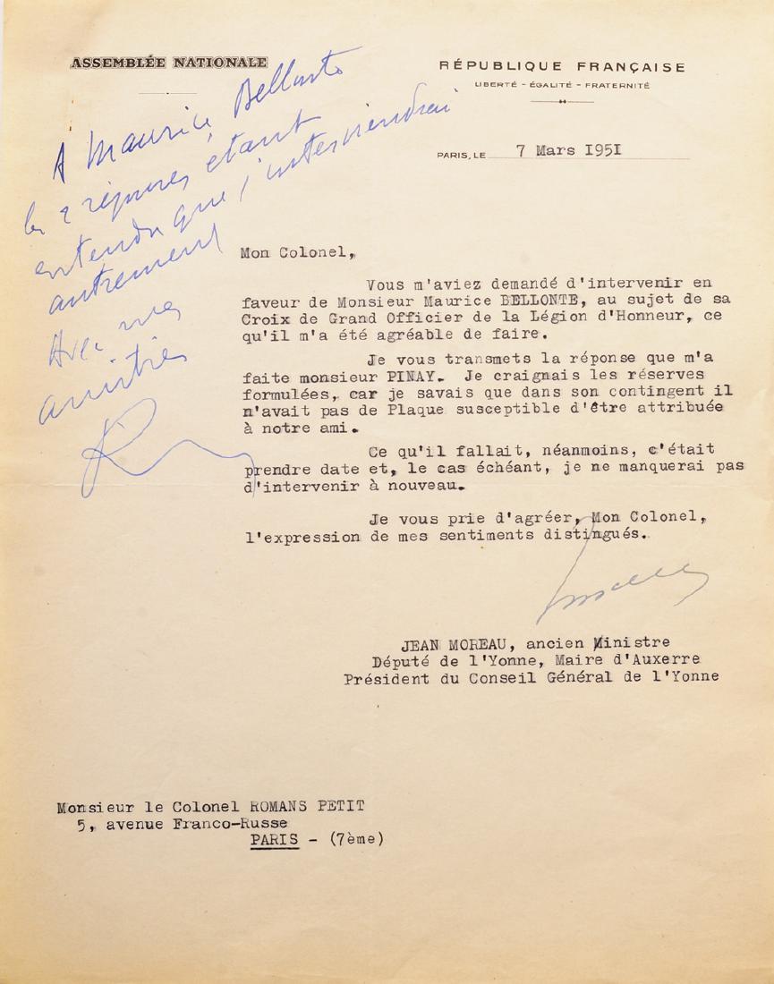 ORDER OF THE LEGION OF HONOR: Grand Officer`s Request Letters, 3rd Republic (1870-1947), 3rd Class, instituted in 1802.Letters, 270x210 mm, dated 7th of March 1951 in Paris, for for the famous pilot Maurice Belonte. (2) I