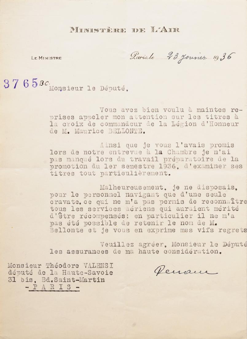 ORDER OF THE LEGION OF HONOR: Commander`s Cross Request Letter, 3rd Republic (1870-1947), 3rd Class, instituted in 1802.Letter, 210x150 mm, dated 23rd of January 1936 in Paris, for for the famous pilot Maurice Belonte. I