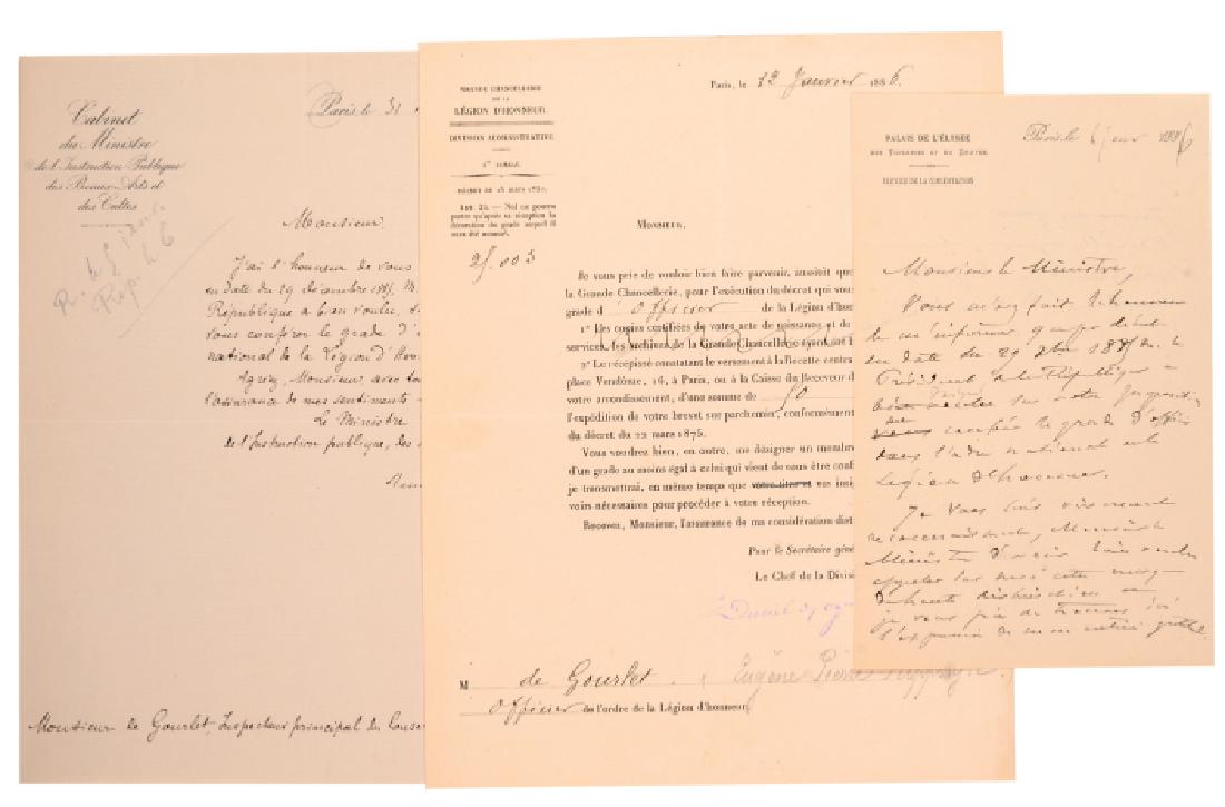 ORDER OF THE LEGION OF HONOR: Officer`s Cross, 3rd Republic, Announcing Letter. Printed paper partially handwritten, 265x210 mm, awarded to Mr. de Gourlet General Inspector at the ElysEe Palace, 1885. With ThankYou letter and anot