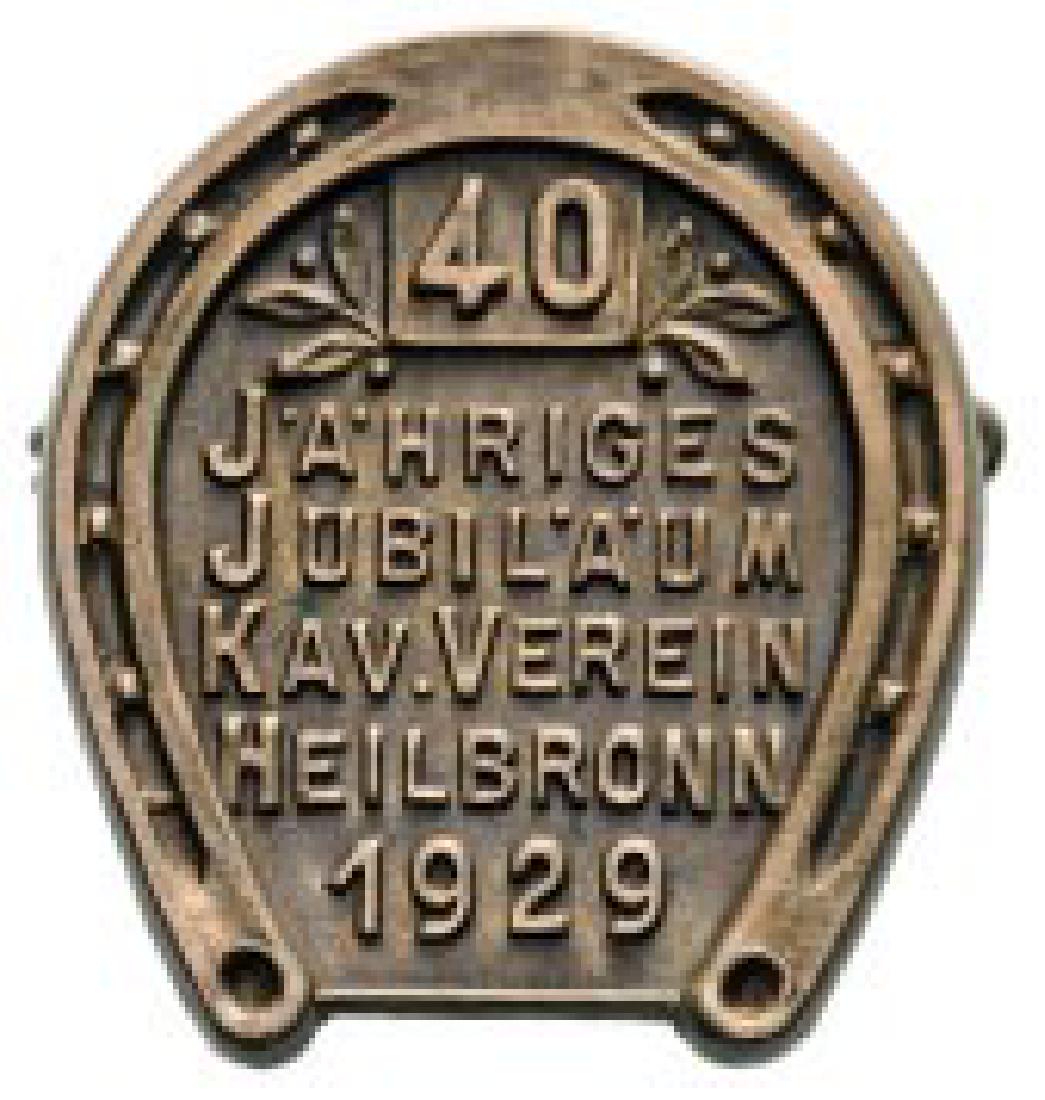 40 Year Jubilee of Heilbronn Cavalry Association 1929: Breast Badge, 25x22 mm, stamped Bronze, with vertical pin on reverse. I