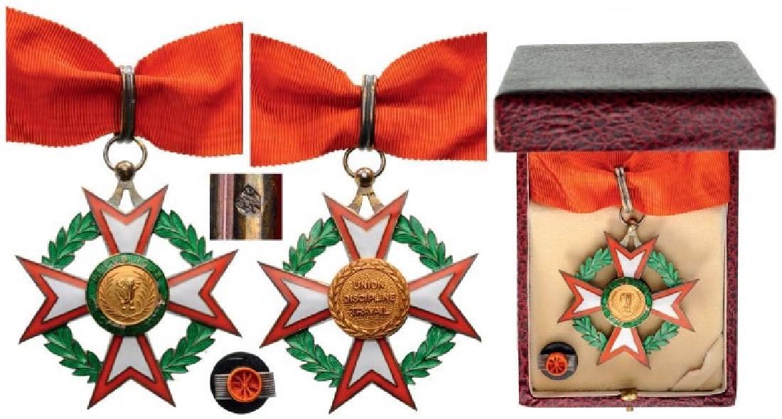 NATIONAL ORDER: Commander's Cross, 3rd Class, instituted in 1961. Neck Badge, 63x57 mm, gilt Silver, hallmarked "950", maker's mark "A. C., Chobillon", both sides enameled, both central medallions gilt silver, origin