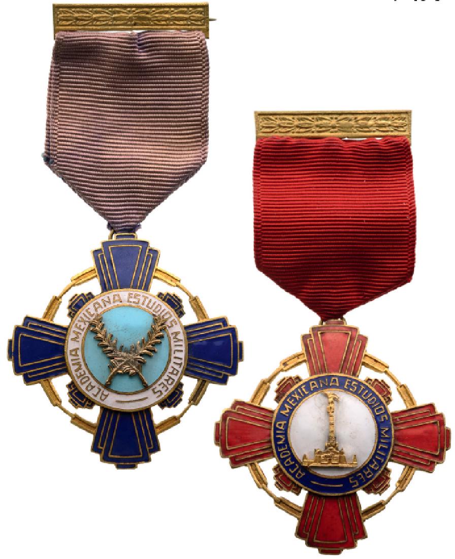 Group of 2 Academy of Military Studies Merit: 1st and 2nd Classes. Breast Badges, 48 mm, gilt bronze, obverse enameled, central medallions gilt bronze, enameled, original suspension rings and ribbons with ornamented attachment bars. (2) I/I