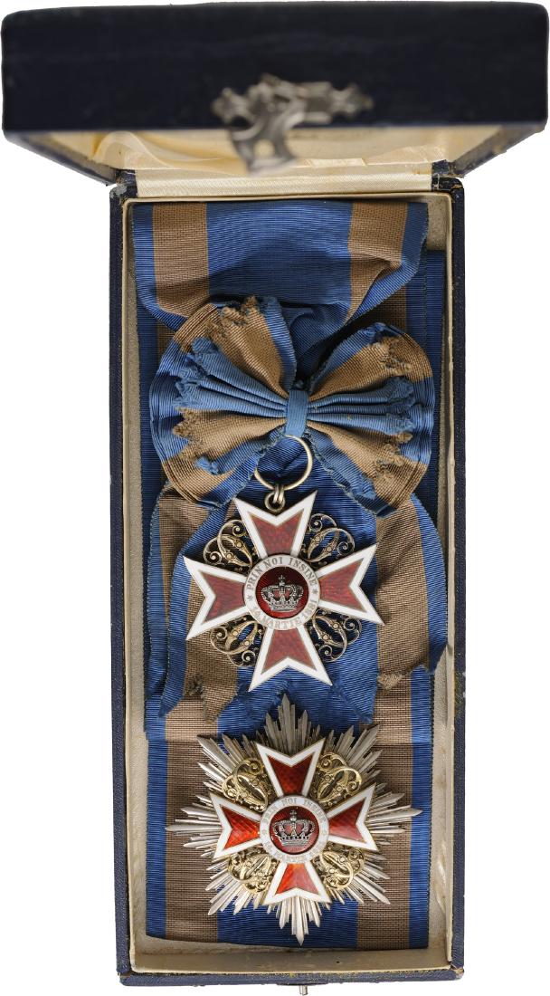ORDER OF THE CROWN OF ROMANIA, 1883: Grand Cross Set, 1st Type, Civil. Sash Badge, 70 mm, Silver gilt, maker's mark "JRF - Joseph Resch Fils", hallmarked "ARG", enameled, original suspension ring and ribbon. Breast Star, 90 mm, Silver, m