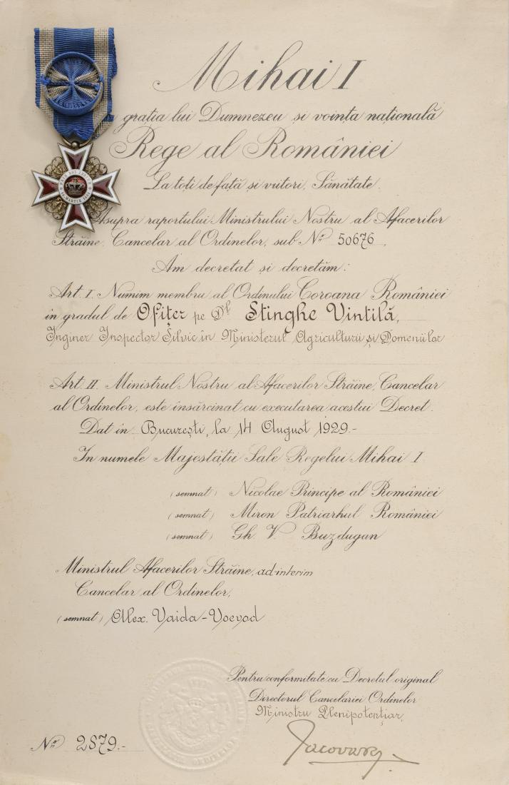 ORDER OF THE CROWN OF ROMANIA, to a Romanian Forest: Officer 's Cross, 1st Model, Civil. Breast Badge, 40 mm, Silver gilt, both sides enameled, original ring and ribbon with rosette, together with very rare awarding document of the Regency period, dated