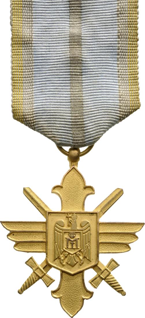 ORDER OF THE AERONAUTICAL VIRTUE, 1930: Gold Cross, 2nd Model with cipher of King Michael I, for Military, 1940. Breast Badge, 50x43 mm, gilt Bronze, original suspension ring and ribbon. I