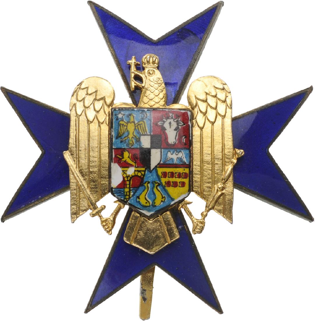 Order of the Civil Guard (1934): 1st Class. Breast Star, 54,0 mm, Bronze gilt, oneside blue enameled cross with enameled weapon in the centre. Large pin on the back, dark patina. The order was awarded for bravery and devotion in the 