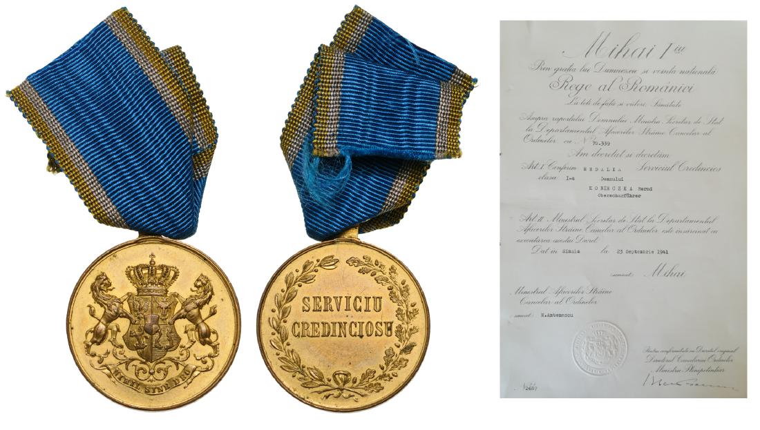 Medal of Faithfull Service, to a German SS,: 1st Class, 2nd Type, Civil, instituted on the 8th of April 1880. Breast Badge, 30 mm, gilt Bronze, original suspension ring and ribbon, together with awarding document dated 23.09.1941. Very rare docu