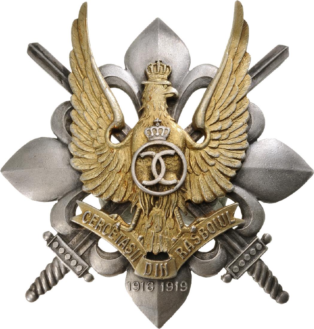 WAR BADGE OF THE SCOUTS, 1935 MODEL: 1st Model, King Carol II. Breast Badge, 57x52 mm, partially gilt Silver, hallmarked "900", maker's mark "KK", with pin on reverse, I.M.S.P.R. 755. I