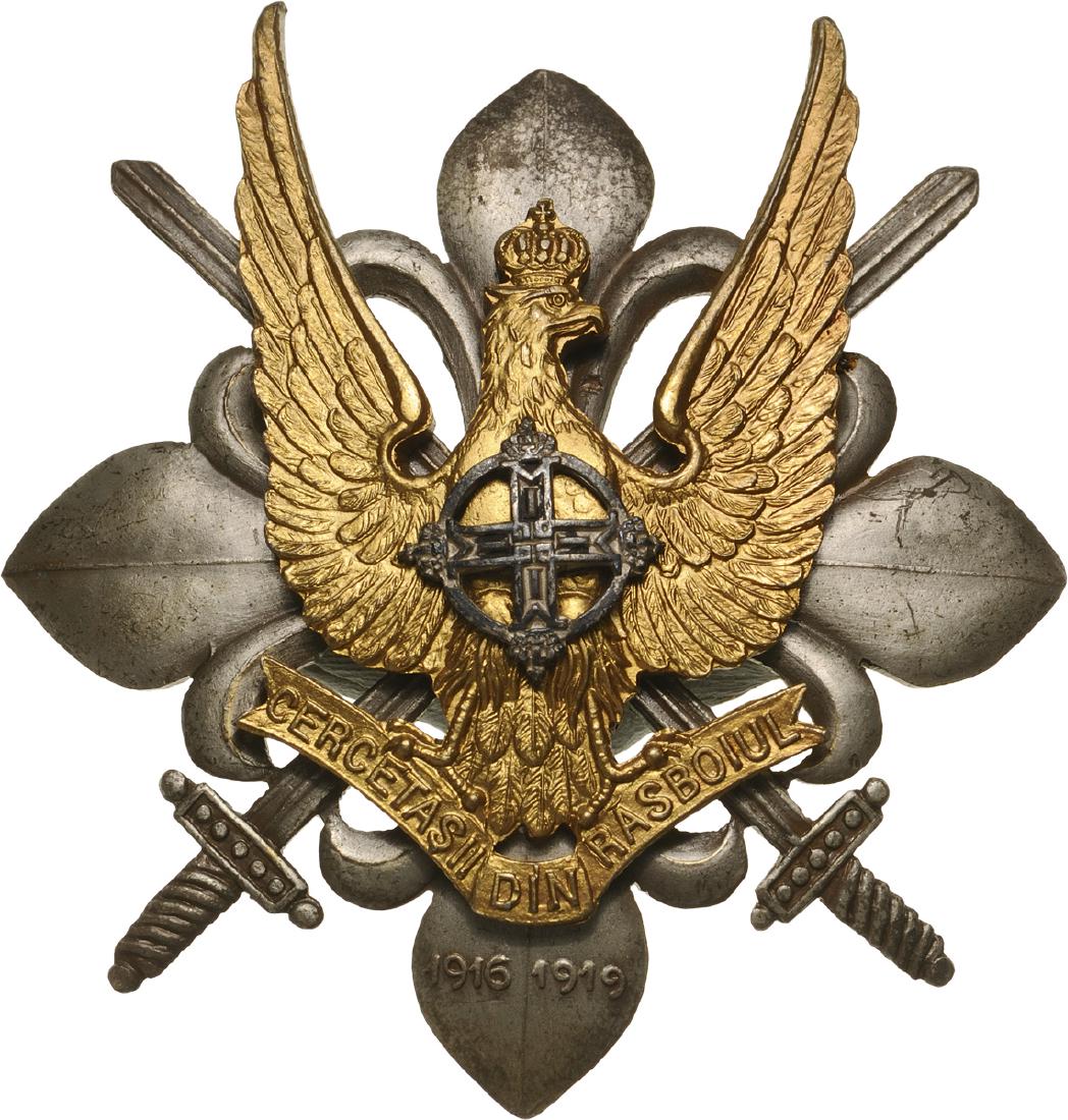 WAR BADGE OF THE SCOUTS, 1941 MODEL: 3rd Model, King Michael I. Breast Badge, 60x54 mm, silvered and gilt Bronze, with pin on reverse, I.M.S.P.R. 761. Very rare model! I RR!