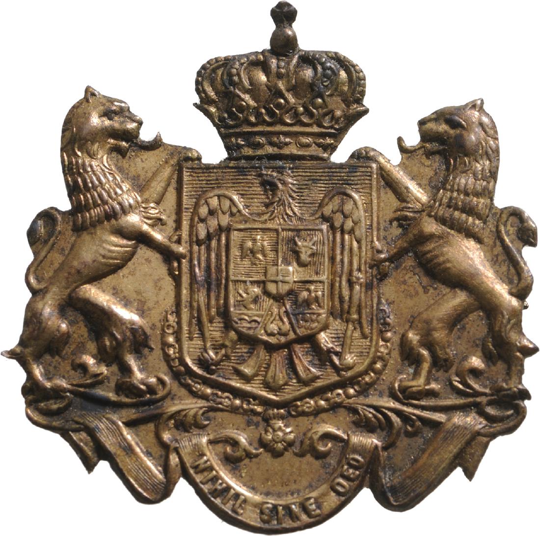 Carol I - Royal Weapon: Breast Badge , 35x35 mm, Brass, horizontal pin on the back. Attractive! I