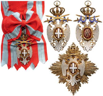 ORDER OF THE WHITE EAGLE: Grand Cross Set, Military, 1st Class, instituted in 1883. Sash Badge, 90x40 mm, gilt Silver, multipart construction, central medallion gilt, enameled, with original laurel wreath suspension device