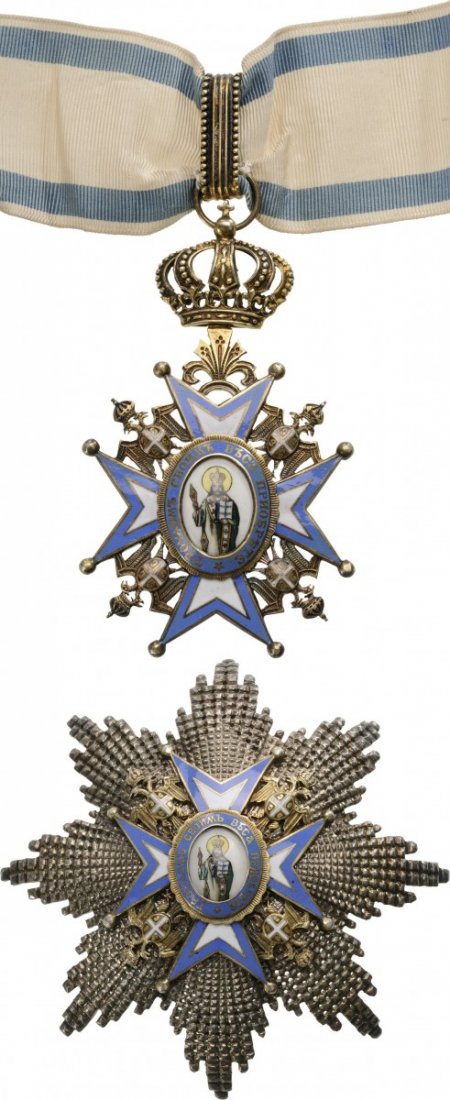 ORDER OF SAINT SAVA: Grand Officer Set, 2nd Class, 3rd Type, instituted in 1883. Neck Badge, gilt Silver, 88x52 mm, both sides enameled, both central medallions gilt silver, enameled, with original suspension ring and rib