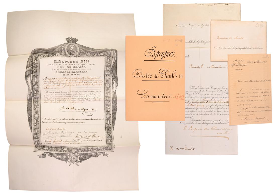 ORDER OF CHARLES III: Commander`s Cross, Alfonso XIII, Original Diploma. Printed paper partially Handwritten, 635x435 mm, awarded to Mr. de Gourlet, 1899. With two announcing letters (one in French). I
