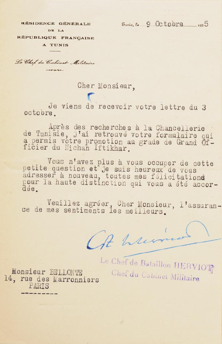 ORDER OF NISHAN EL IFTIKHAR: Grand Officer Awarding Document 215x137 mm, dated 6th of August 1935 in Paris, for the famous pilot Maurice Belonte, together with autorisation letter. (2) I