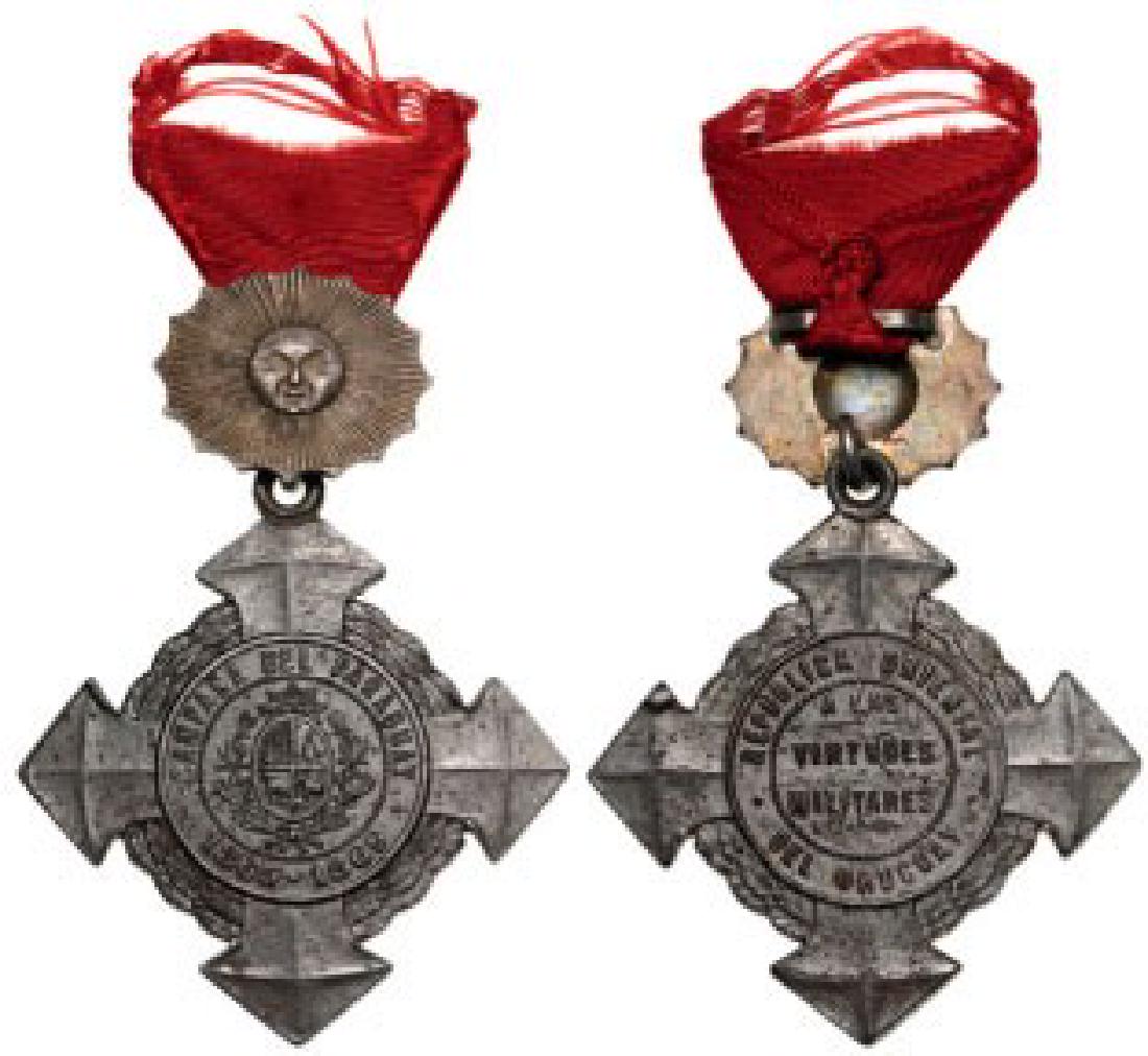 Paraguay Campaign Medal for the Allies in the War of: Officers Cross, instituted in 1891. Breast Badge, 58 x 41 mm, Iron with original silver sun suspension device and ribbon. Gill. p. 164 Ross Uy7. I