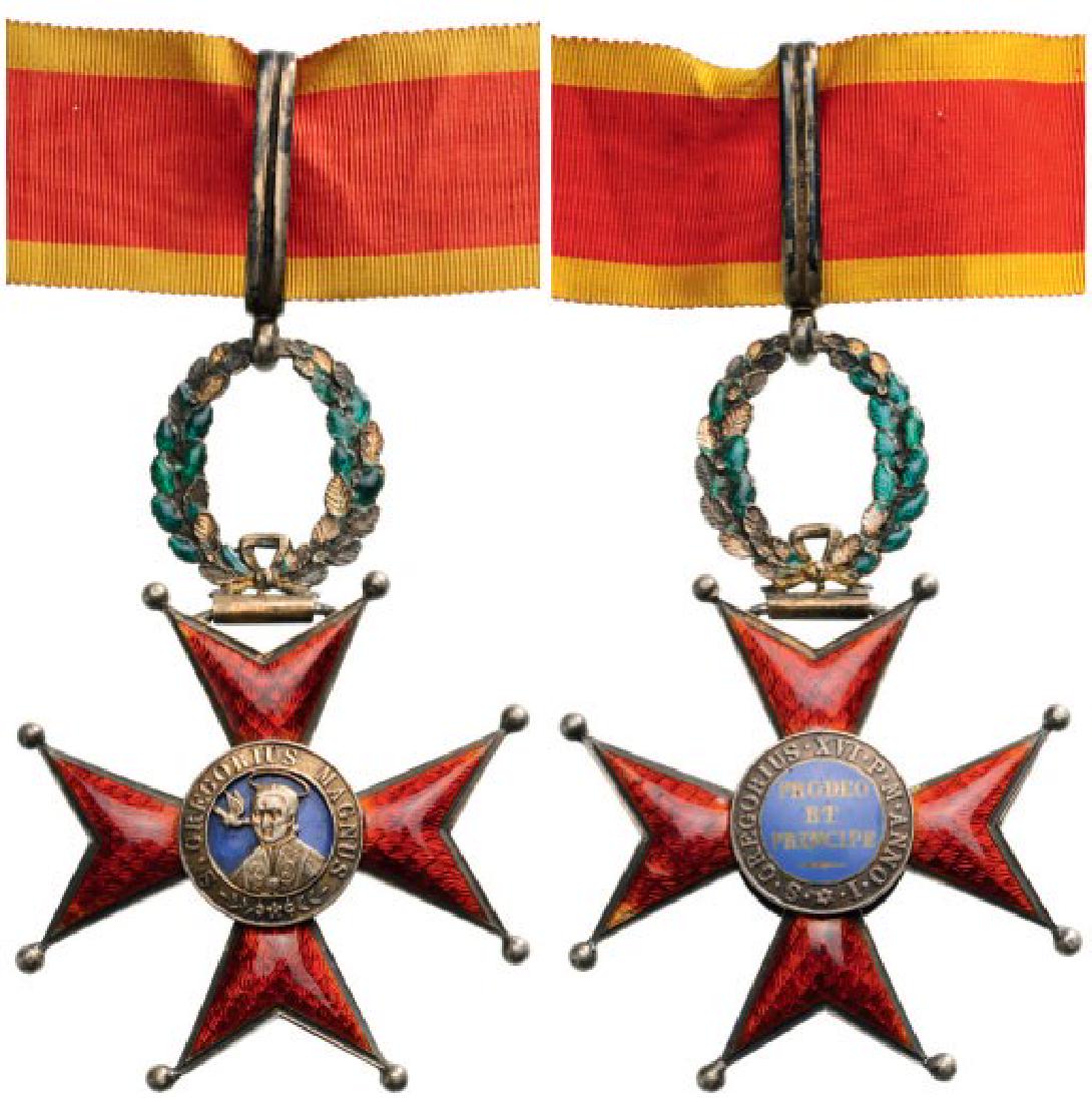 ORDER OF SAINT GREGORY: Commander's Cross, instituted in 1831. Neck Badge, 86x55 mm, gilt Silver, enameled on both sides, original suspension wreath, loop and long ribbon. A high quality order with some enamel damages! II-