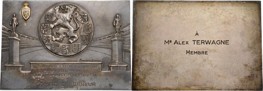 20th Anniversary of the Belgian Athletic Ligue, 1962: Plaquette, (124x87 mm), silvered Bronze, weapon enameled, named to "Alex Terwagne", signed Fraisse-Demay, in original case of issue. Superb! XF