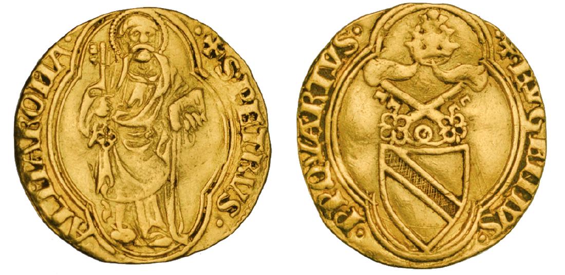 Papal States, Eugenio IV-Gabriele Condulmer: Gold (3.46 g). Crowns and crossed keys over Condulmer Arms in quadrilobe, .+.EVGENIVS..PP QVARTVS./â€ St. Peter standing facing in quadrilobe. Ber.301, Fr.3a. XF