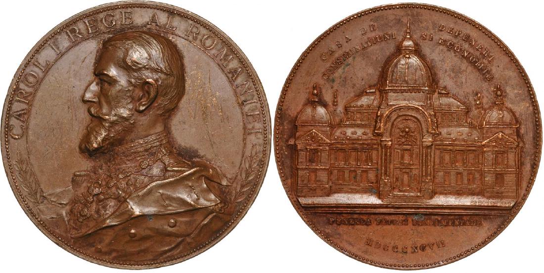 Carol I - Laying of the foundation stone of the Savings: Medal 1897, Bronze, (65 mm, 109.82 g). Buz. p.247. XF, scratches