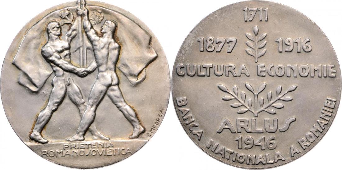 Mihai I - Romanian -Soviet Friendship "ARLUS": Medal 1946, signed by C.Medrea, Silver (50 mm, 56.89 g), hallmarked "900" on the rim. XF+