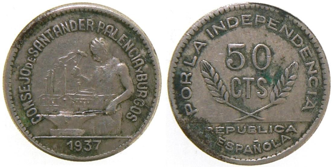 50 Centavos Santander, Palencia and Burgos, Cu-Ni: Cal-16. VF/XF