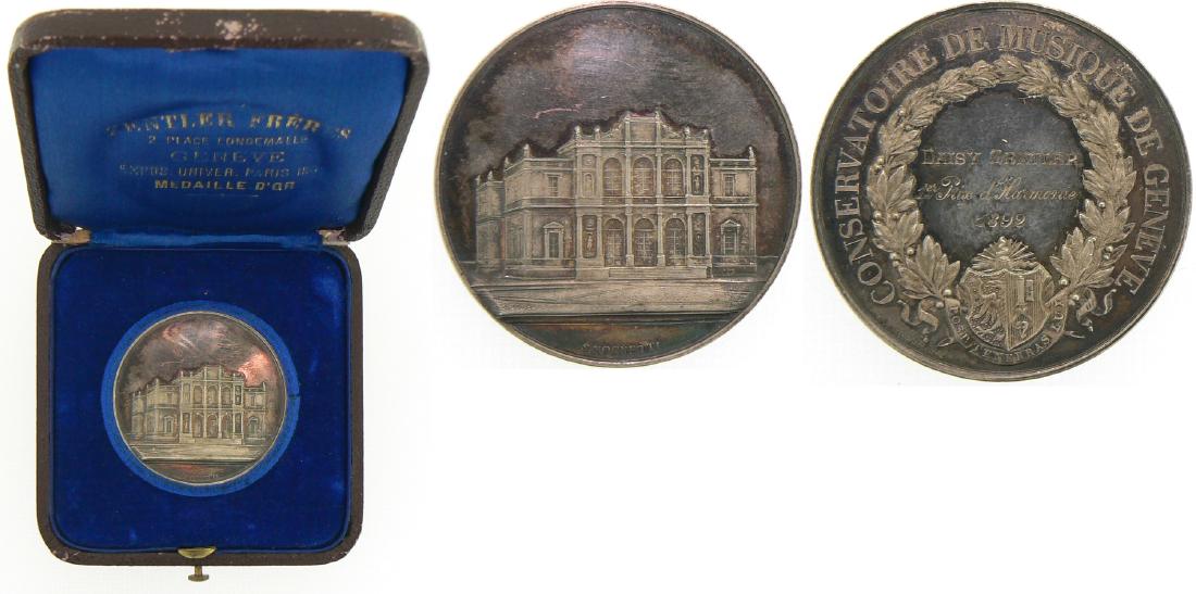 Medal 1892, Geneva Conservatory: Fisrt Prize for Harmony for Daisy Zentler. Medal signed by S. Mognetti, Silver (40 mm, 33.78 g). In case of issue. UNC