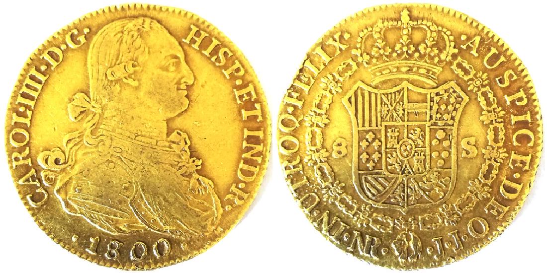 Charles IV(1788-1808) 8 Escudos 1800 JJ (Bogota): Gold, 26.89 g. Fr. 51. VF+/XF COLOMBIA