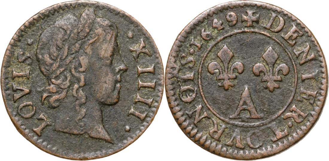 Louis XIV, Denier tournois (1.6g): LOVIS XIIII Head of Louis right/ DENIER TOVRNOIS Deux lis, Dy.1586; VF+, dark patina FRANCE