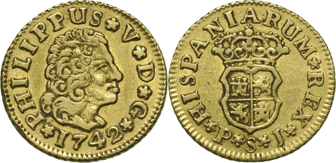 Phillip II (1700-1746) 1/2 Escudos 1742 PSJ (Sevilla) (1 of 1)